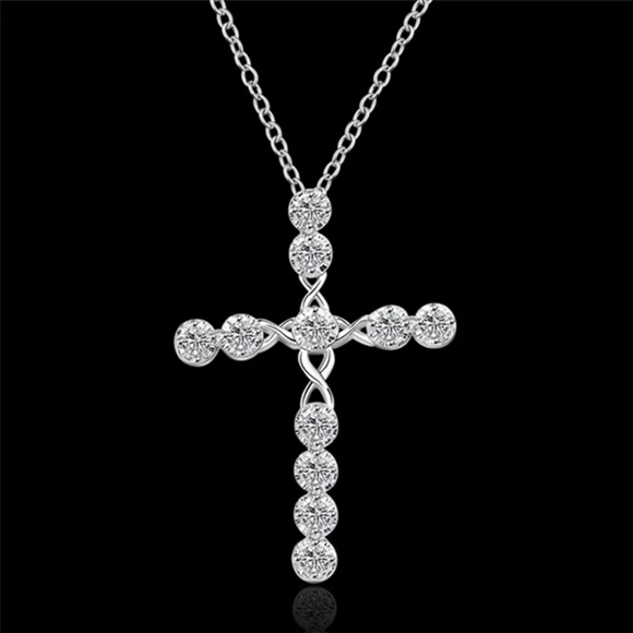 Cross 925 Silver Women White Sapphire Necklace - Picture 2 of 6
